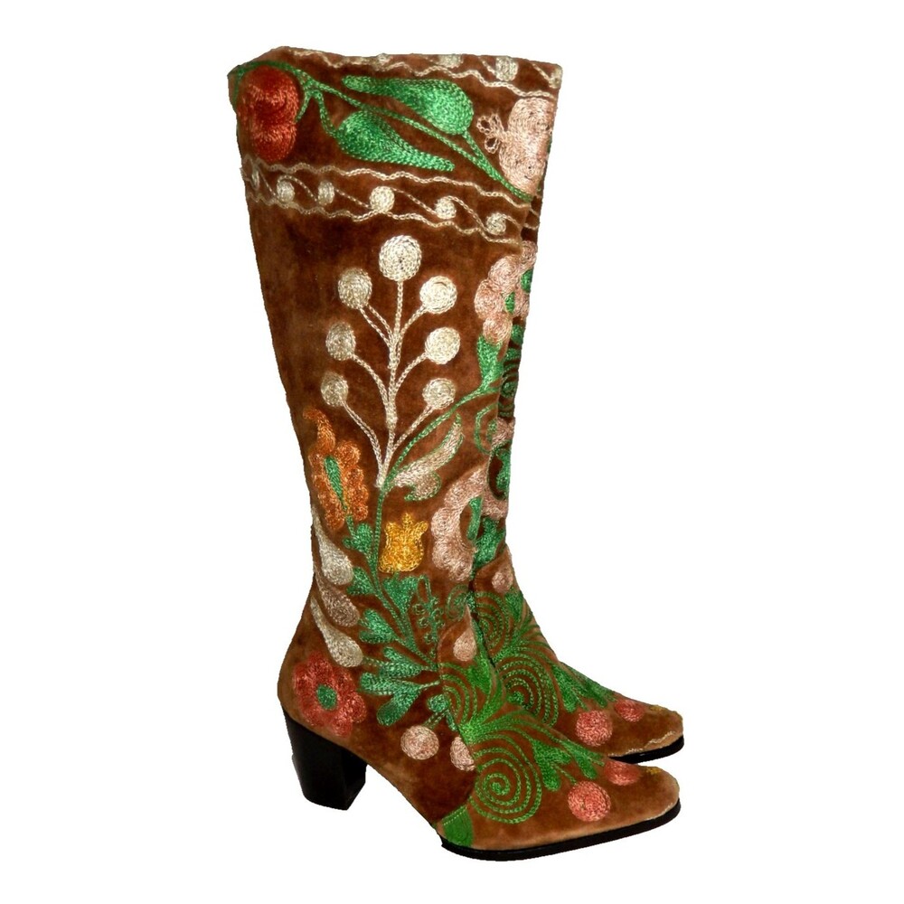 Rockwell Tharp Brown Floral Embroidered Tall Boots Zipper Back Women's 37 (US 7)